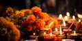 Mexican Folklore Cempasuchil Flowers and Altar Candles in Cemetery