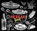 Mexican food background with traditional spicy meal and chalkboard hat vector illustration. Hand sketch vector Royalty Free Stock Photo