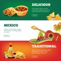 Mexican food banners. National traditional cuisine mexico quesadillas tequila salsa sauce chilli pancho guitar maracas Royalty Free Stock Photo