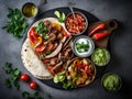 mexican food, beef and chicken fajitas with mexican sauces seen from above, mexican restaurant, typical dish, created with AI Royalty Free Stock Photo