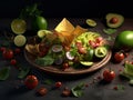 mexican food, beef and chicken fajitas with mexican sauces seen from above, mexican restaurant, typical dish, created with AI Royalty Free Stock Photo