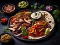 mexican food, beef and chicken fajitas with mexican sauces seen from above, mexican restaurant, typical dish, created with AI Royalty Free Stock Photo