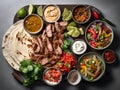 mexican food, beef and chicken fajitas with mexican sauces seen from above, mexican restaurant, typical dish, created with AI Royalty Free Stock Photo