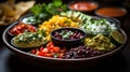 Mexican food. Bowls with guacamole, salsa, nachos, tomatoes, corn, avocado and parsley