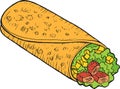 Mexican food burrito - colorful sketch. Ink artwork. Graphic doodle cartoon art. Vector illustration