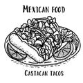Mexican food Castacan tacos. Hand drawn black and white vector illustration in doodle style