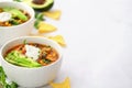 Mexican food. Chicken enchilada soup.Background with text space. Royalty Free Stock Photo