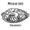 Mexican food Chilaquiles. Hand drawn black and white vector illustration in doodle style