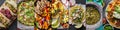 Mexican food collage with tacos, carne asada fries and chicken fajitas Royalty Free Stock Photo