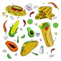 Mexican food. Collection of cartoon sketch illustrations. Vector set Royalty Free Stock Photo