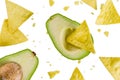 Mexican food concept, guacamole and nachos snack, avocado and to Royalty Free Stock Photo