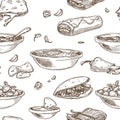 Mexican food cuisine traditional dishes sketch icon for restaurant menu seamless pattern. Royalty Free Stock Photo