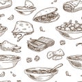 Mexican food cuisine traditional dishes sketch icon for restaurant menu seamless pattern. Royalty Free Stock Photo