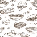 Mexican food cuisine traditional dishes sketch icon for restaurant menu seamless pattern. Royalty Free Stock Photo