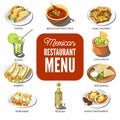 Mexican food cuisine vector traditional dish icons for restaurant menu