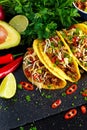 Mexican food - delicious taco shells with ground beef and home made salsa Royalty Free Stock Photo