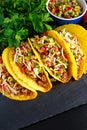 Mexican food - delicious taco shells with ground beef and home made salsa Royalty Free Stock Photo