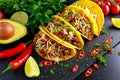 Mexican food - delicious taco shells with ground beef and home made salsa Royalty Free Stock Photo