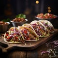 Mexican food - delicious taco shells with ground beef and home made salsa