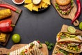 Mexican food featuring tacos, burritos, nachos, burgers