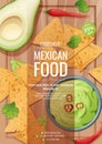 Mexican food flyer template. Crispy nachos with guacamole sauce and hot chili peppers. Vector illustration of