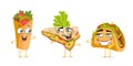 Mexican food funny cartoon character set. Mexico cuisine cute happy face emoticons mascot collection. Smiling latin