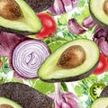 Mexican food Guacamole watercolor seamless pattern. Background texture.