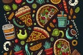 Mexican Food hand drawn doodles seamless pattern. Ethnic Cuisine background