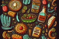 Mexican Food hand drawn doodles seamless pattern. Ethnic Cuisine background