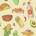 Mexican Food Hand Drawn Seamless Pattern. Mexico Traditional Cuisine Background Royalty Free Stock Photo