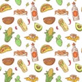 Mexican Food Hand Drawn Seamless Pattern. Mexico Traditional Cuisine Background