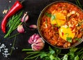 Mexican food - huevos rancheros. Eggs poached in tomato sauce Royalty Free Stock Photo