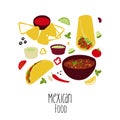 Mexican food illustration Tacos, Burrito, Chili Con Carne, Nachos, Guacamole isolated on white background