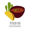 Mexican food illustration Tacos and Chili Con Carne isolated on white background