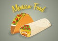 Mexican food illustration in vector format. Tacos and burritos