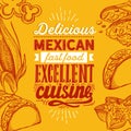 Mexican food illustrations - burrito, tacos, quesadilla for restaurant.