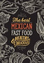 Mexican food illustrations - burrito, tacos, quesadilla for restaurant.