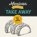 Mexican food illustrations - burrito, tacos, quesadilla for restaurant.