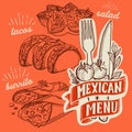 Mexican food illustrations - burrito, tacos, quesadilla for restaurant.