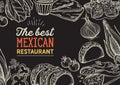 Mexican food illustrations - burrito, tacos, quesadilla for restaurant.