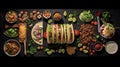 Mexican food, many dishes of the cuisine of Mexico, flat lay, shot from above on a black background