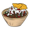 Mexican food meat nachos guacamole and sauce in bowl traditional, engraved color