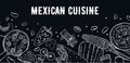 Mexican food. Menu design template. Dishes and vegetables. Soups, burrito, quesadilla, salsa. Hand drawn outline vector sketch