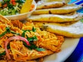 Mexican food mix colorful background, guacamole, cochinita pibil, flautas and quesadilla. Royalty Free Stock Photo