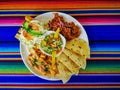 Mexican food mix colorful background, guacamole, cochinita pibil, flautas and quesadilla. Royalty Free Stock Photo