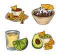 Mexican food nachos tequila guacamole traditional icons vintage engraved color