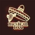 Mexican food neon style logo. Neon sign, design template with retro test, sombrero and cactus. Bright glowing banner