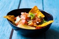 Mexican Food Pico De Gallo Salsa Salad with Tortilla Nachos, Tomato, Onion, Lime, Cilantro, Parsley, Jalapeno Pepper Royalty Free Stock Photo