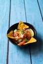 Mexican Food Pico De Gallo Salsa Salad with Tortilla Nachos, Tomato, Onion, Lime, Cilantro, Parsley, Jalapeno Pepper Royalty Free Stock Photo