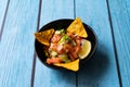 Mexican Food Pico De Gallo Salsa Salad with Tortilla Nachos, Tomato, Onion, Lime, Cilantro, Parsley, Jalapeno Pepper Royalty Free Stock Photo